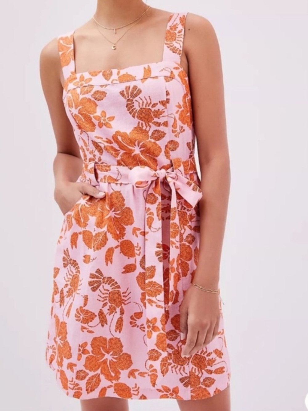 Anthropologie Farm Rio Floral Lobster Pink and Orange Belted Dress